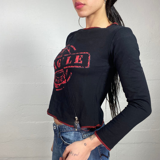 Vintage 2000's Rave Black Longsleeve Top with Red Stamped Print and Crossed Zip Detail (S)