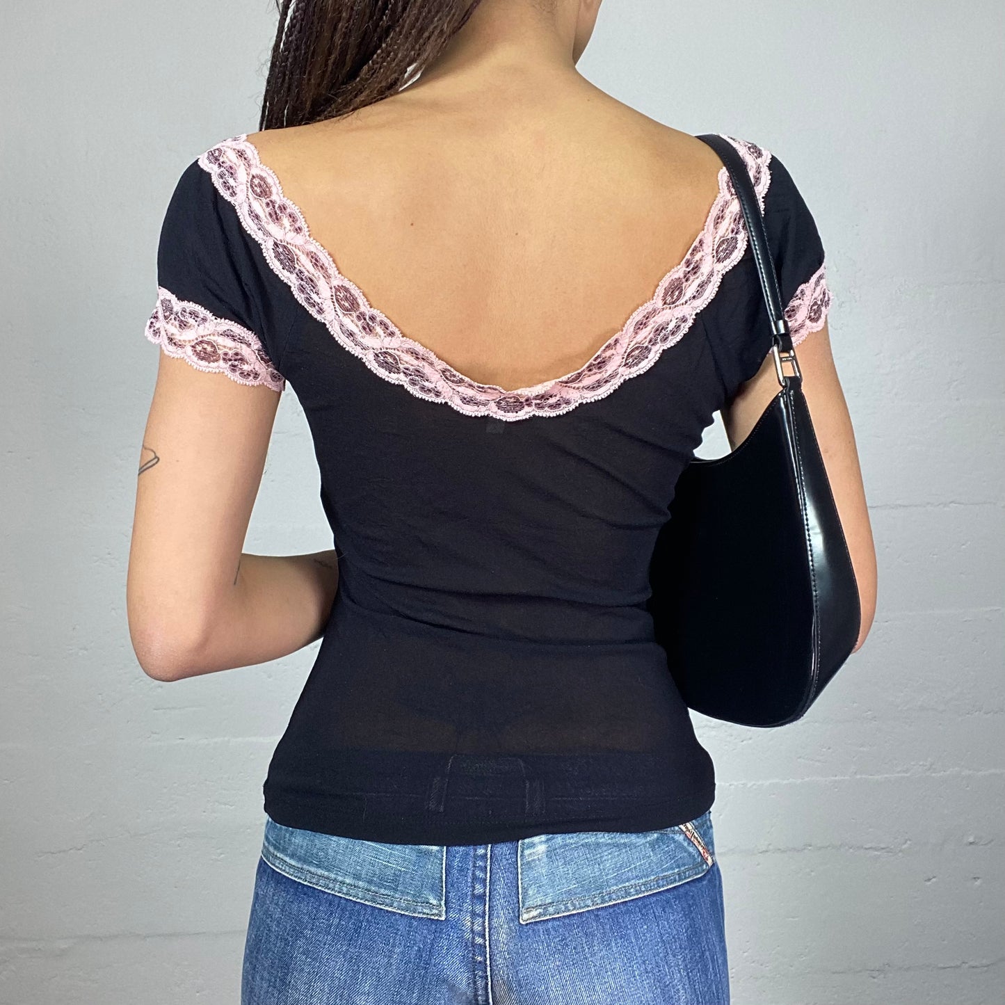 Vintage 2000's Romantic Girl See Through Black Blouse Top with Pink Lace Trim Detail (S)