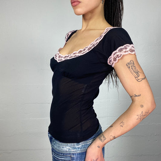Vintage 2000's Romantic Girl See Through Black Blouse Top with Pink Lace Trim Detail (S)