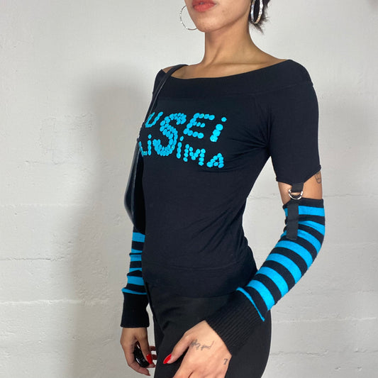 Vintage 2010's Sleaze Black and Neon Blue Longsleeve Top with Attached Sleeves and "Tu Sei Belisima" Print (S/M)