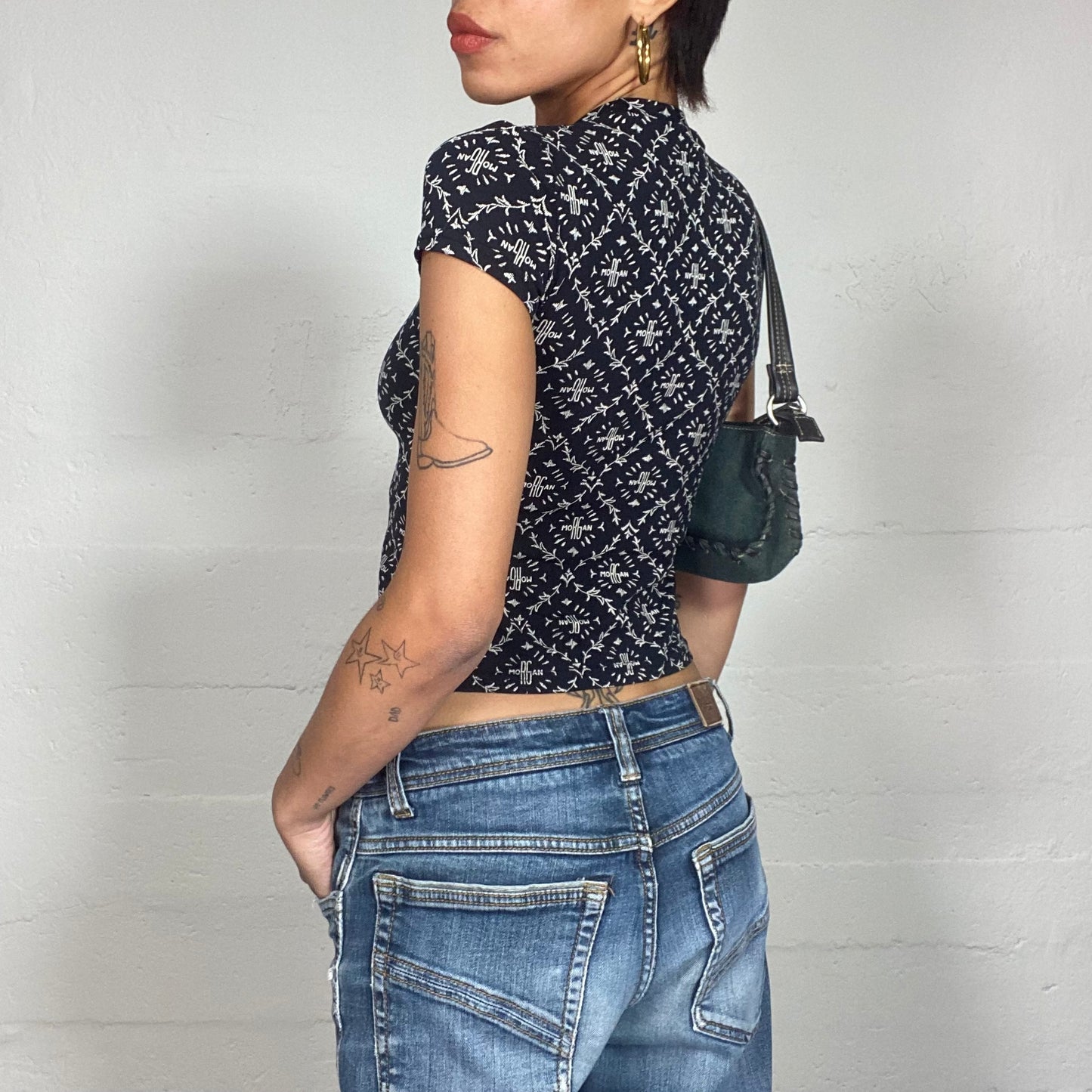 Vintage 2000's Morgan Black Top with Brand Monogram Print (S)