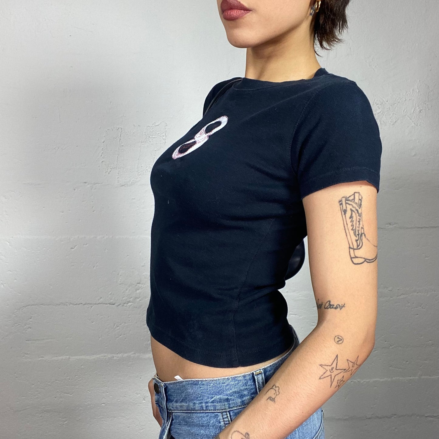 Vintage 2000's Downtown Girl Black Top with White "8" Print (S)