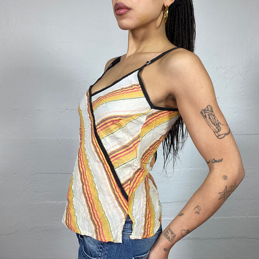 Vintage 2000's Festive Yellow Top with Multicoloured Stripes Print (M)