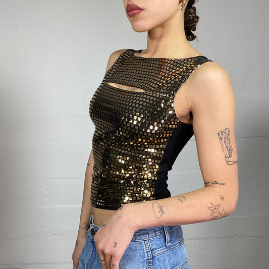 Vintage 2000's Clubwear Black Top with Golden Studs Covering Detail (S)