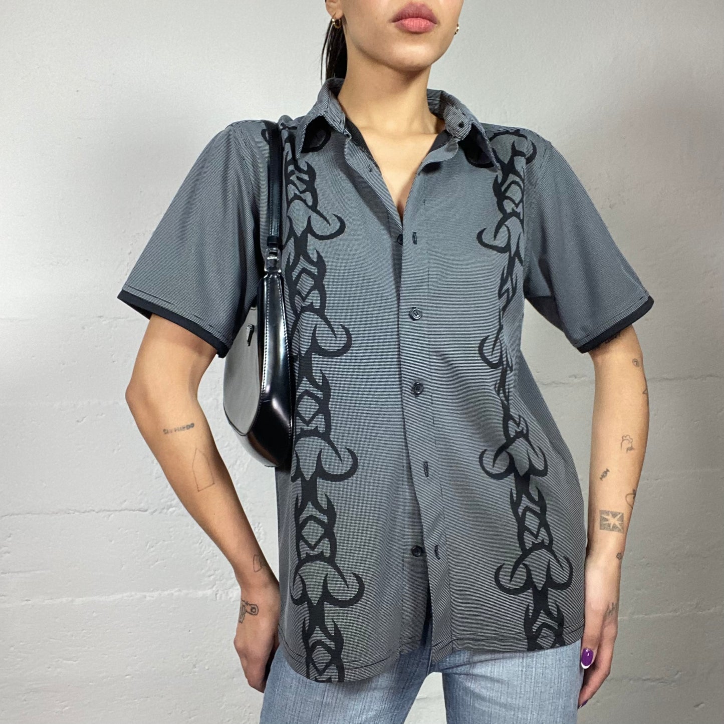 Vintage 2000's Archive Grey Button Up Shirt with Tribal Print (M)