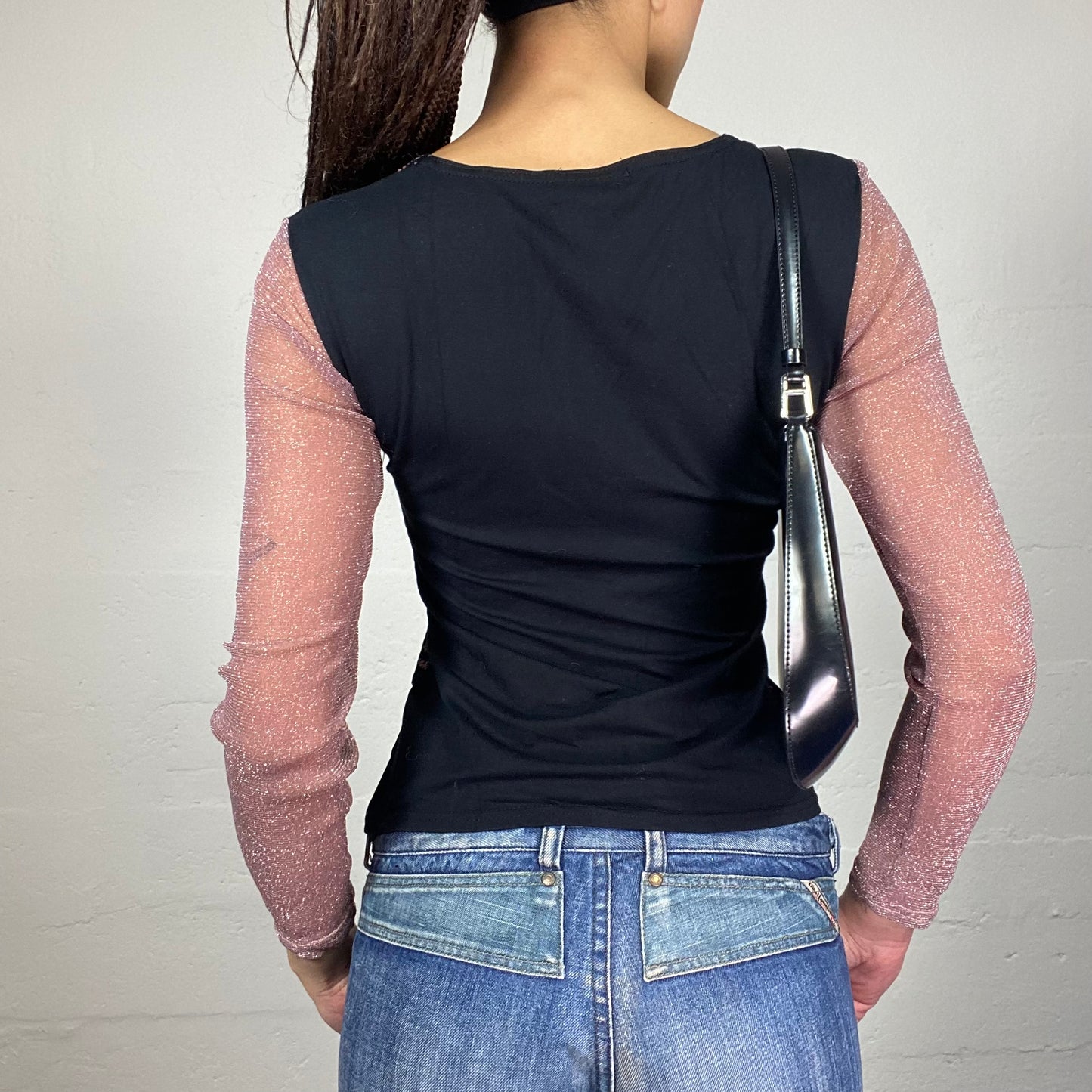 Vintage 2000's Downtown Girl Black Pink Glitter Longsleeve Top with Typography Print (S)