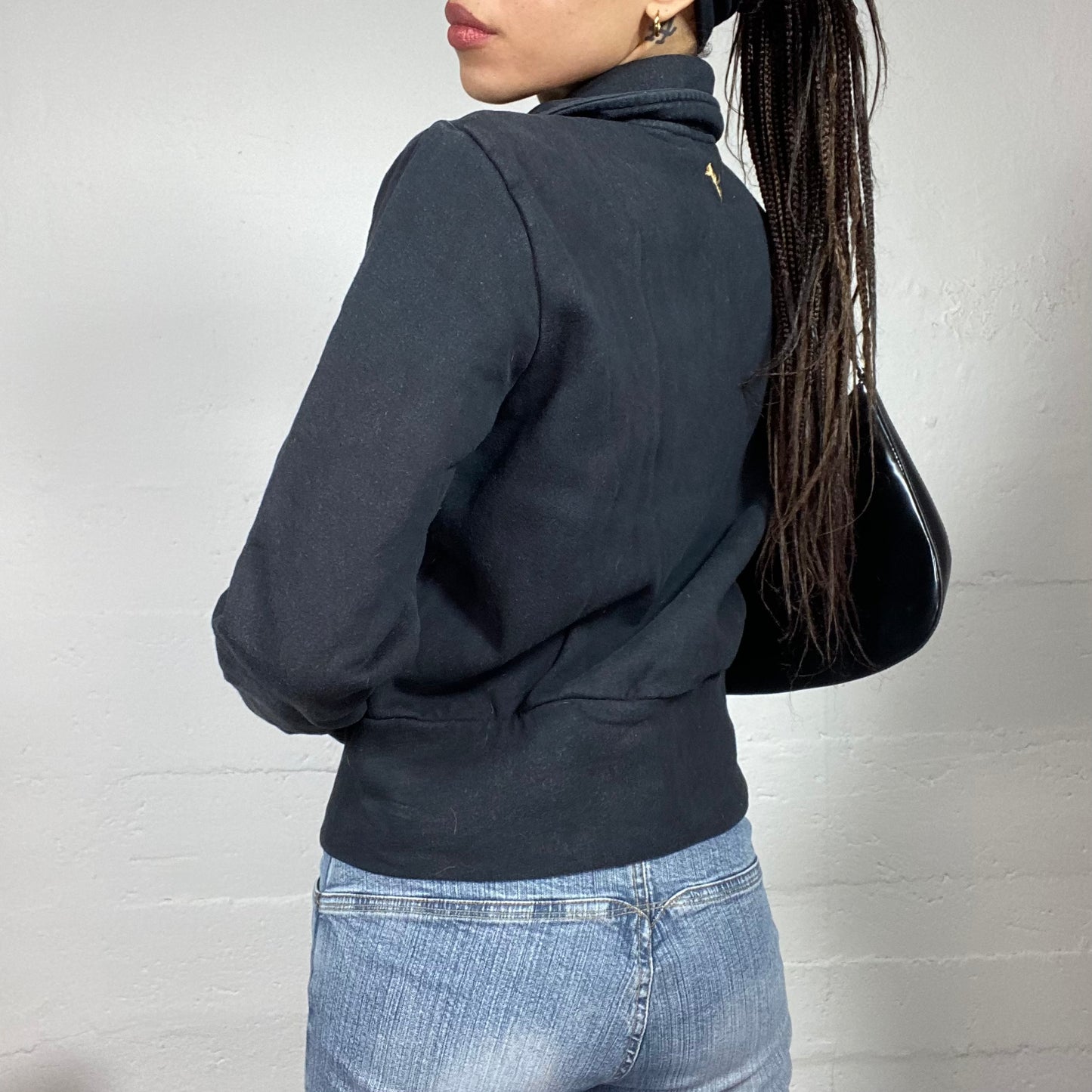 Vintage 90's Puma College Girl Black Zip Up Sweater with Blue Stripes Print (S/M)