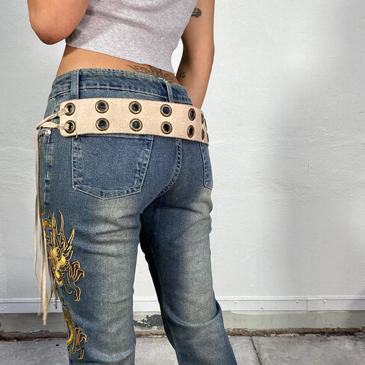 Vintage 2000's Western Beige Thick Leather Belt to Tie with Eyelet Details