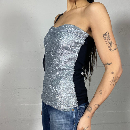 Vintage 2000's Clubwear Silver Off Shoulder Top with Sequins Material (S/M)