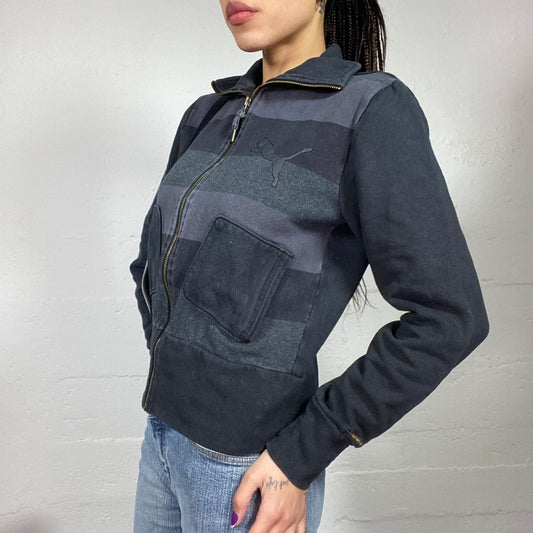 Vintage 90's Puma College Girl Black Zip Up Sweater with Blue Stripes Print (S/M)