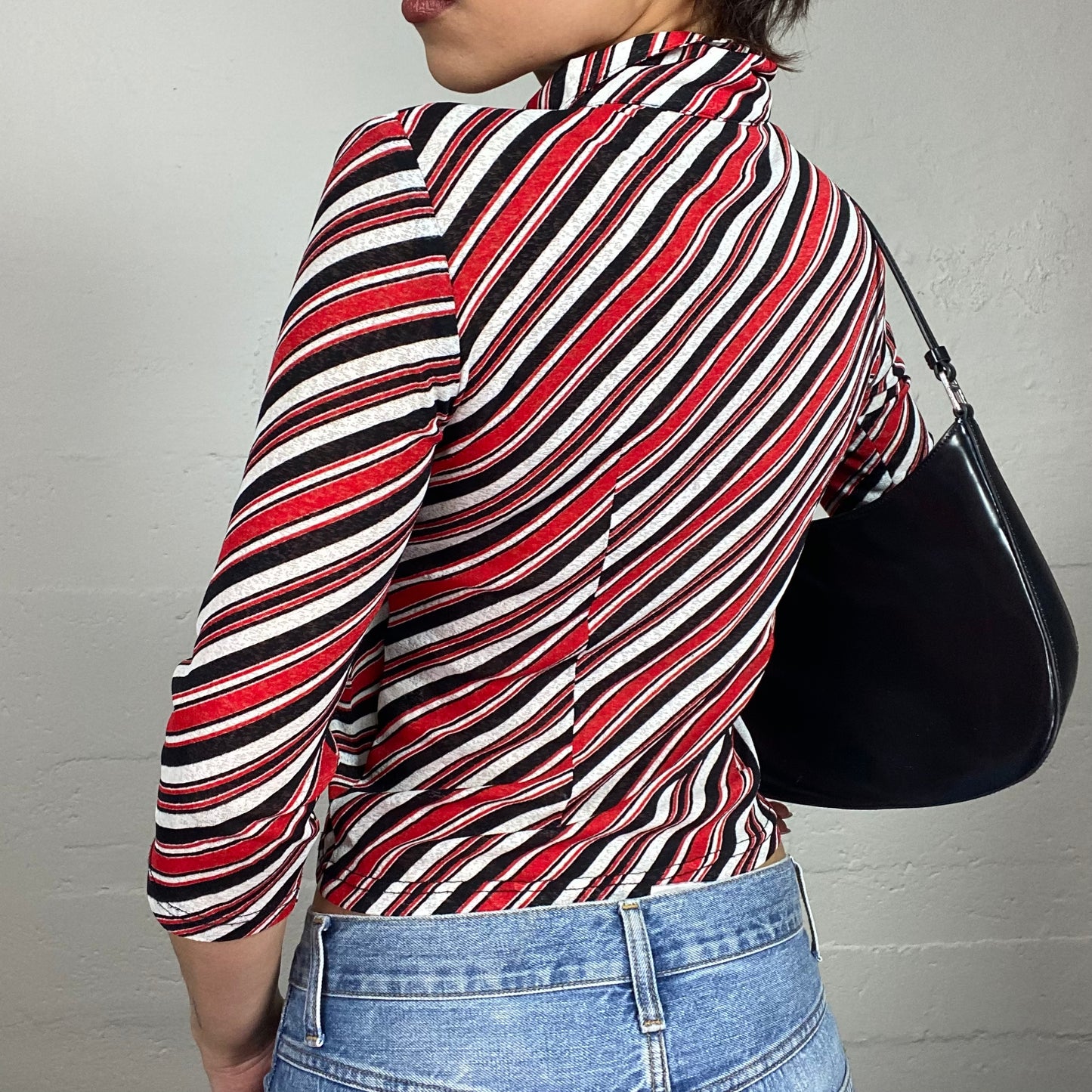 Vintage 2000's Downtown Girl Longsleeve Button Up Top with Red, Black & White Stripes Print (S)