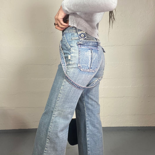 Vintage 2000s Classic Black Denim Flared Pants with Big Pockets Detail (M)