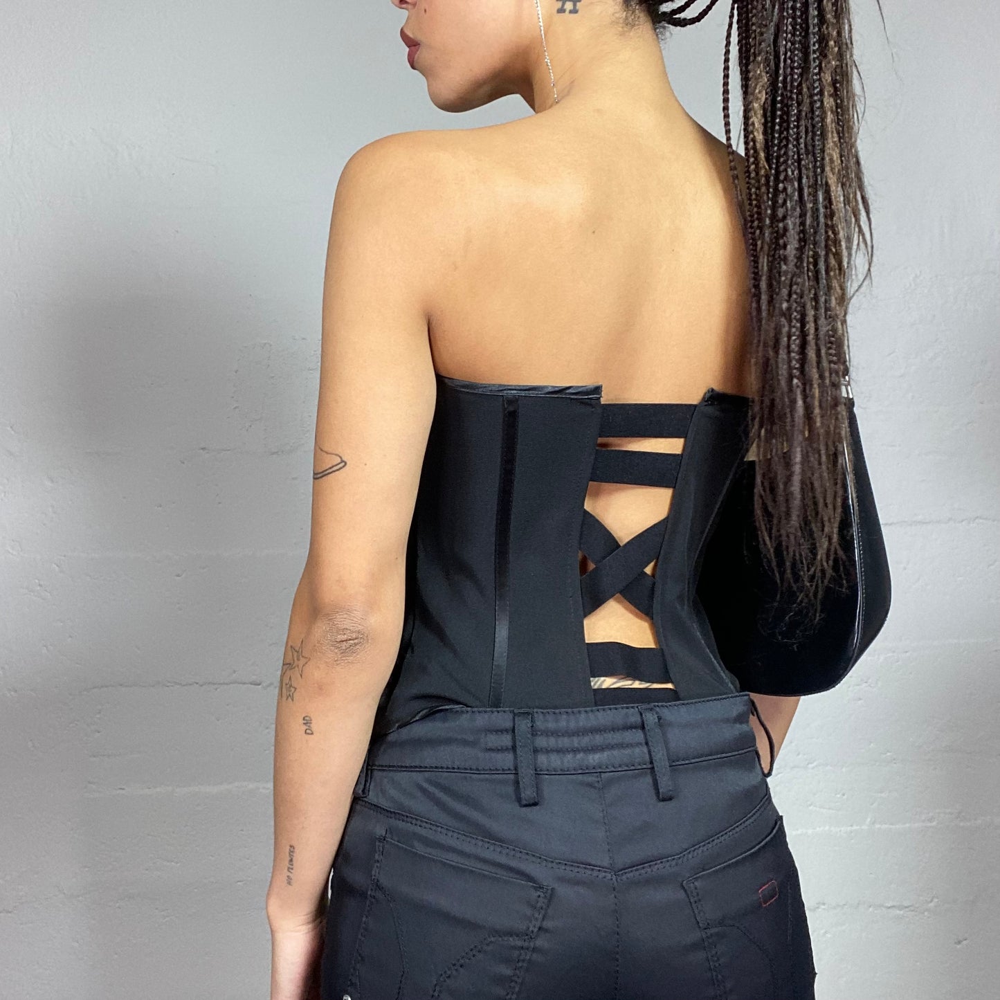 Vintage 2000's Whimsigoth Black Strapless Corset Top with Satin Lace Up Detail (XS)