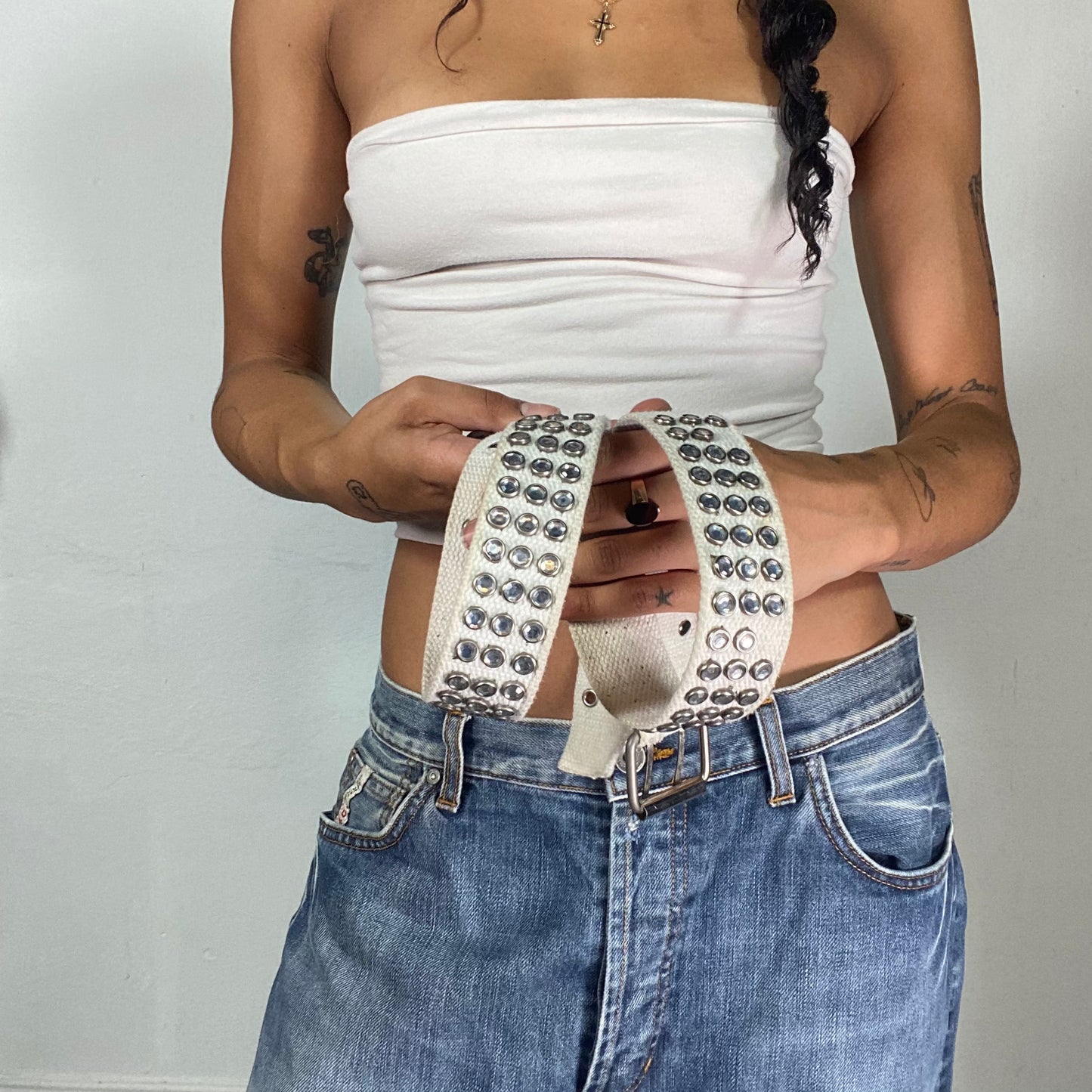 Vintage 2000's Rave White Belt with Silver Studs Detail