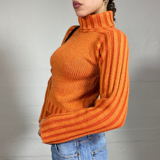 Vintage 2000's Downtown Girl Orange Turtleneck Sweater with Ribbed Knit Detail (S)