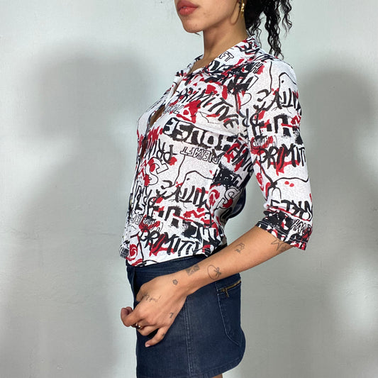 Vintage 2000's Downtown Girl Button Up Shirt with Red and Black Typography Print (S/M)