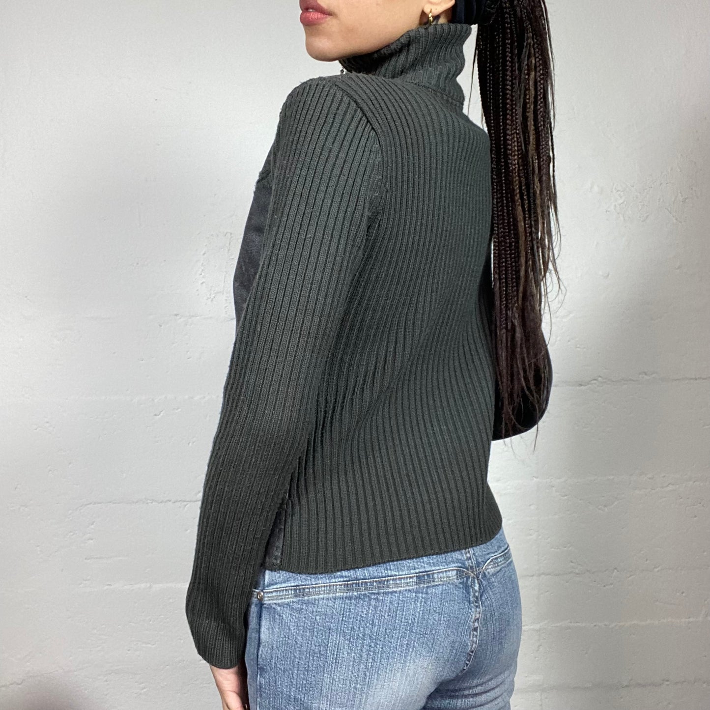 Vintage 90's College Girl Grey Zip Up Sweater with Crochet Bands Detail (S/M)