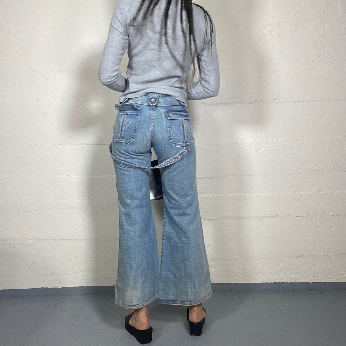 Vintage 2000s Classic Black Denim Flared Pants with Big Pockets Detail (M)