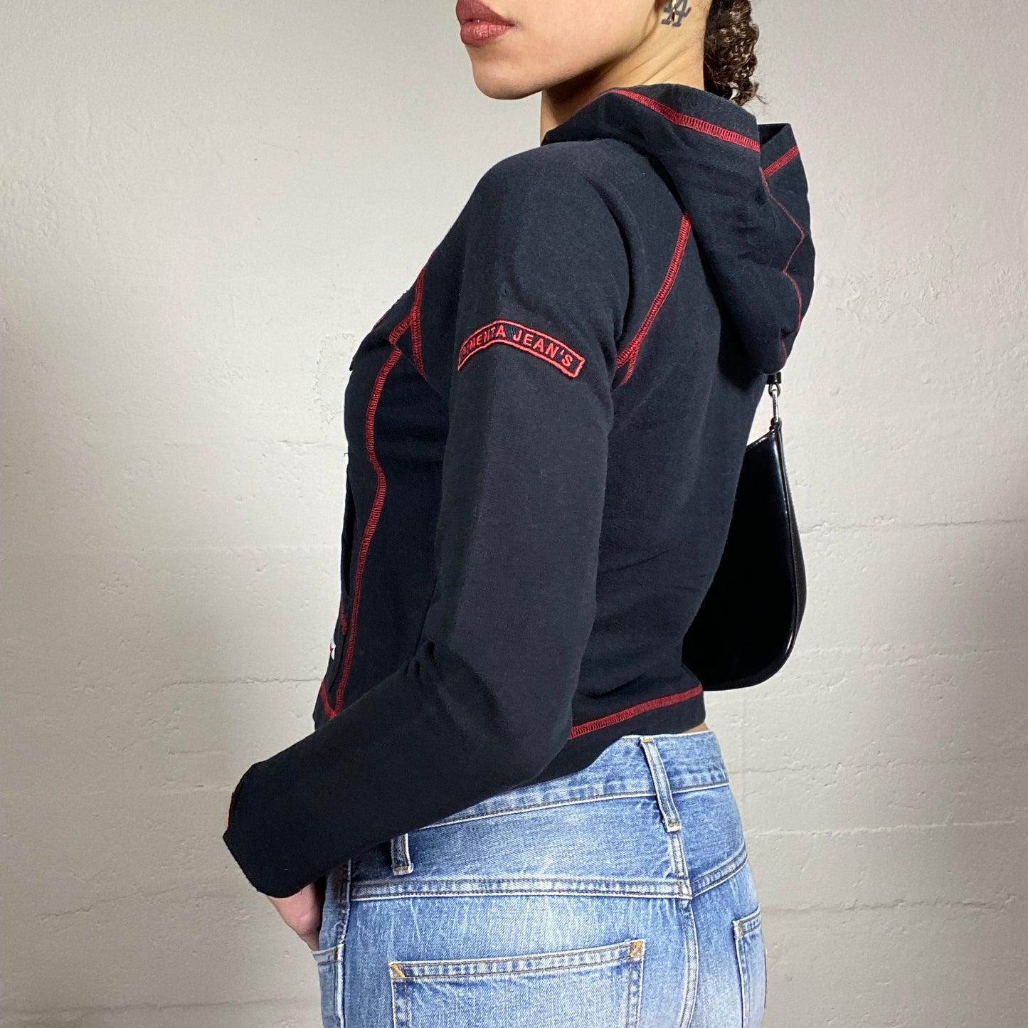 Vintage 2000's Downtown Girl Black Zip Up Jacket with Red Patches & Visible Seam Detail (S)