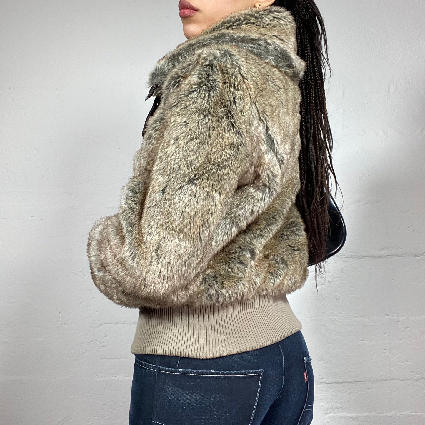 Vintage 2000's Downtown Girl Faux Fur Brown Bomber Jacket with Faux Leather Trims (M)