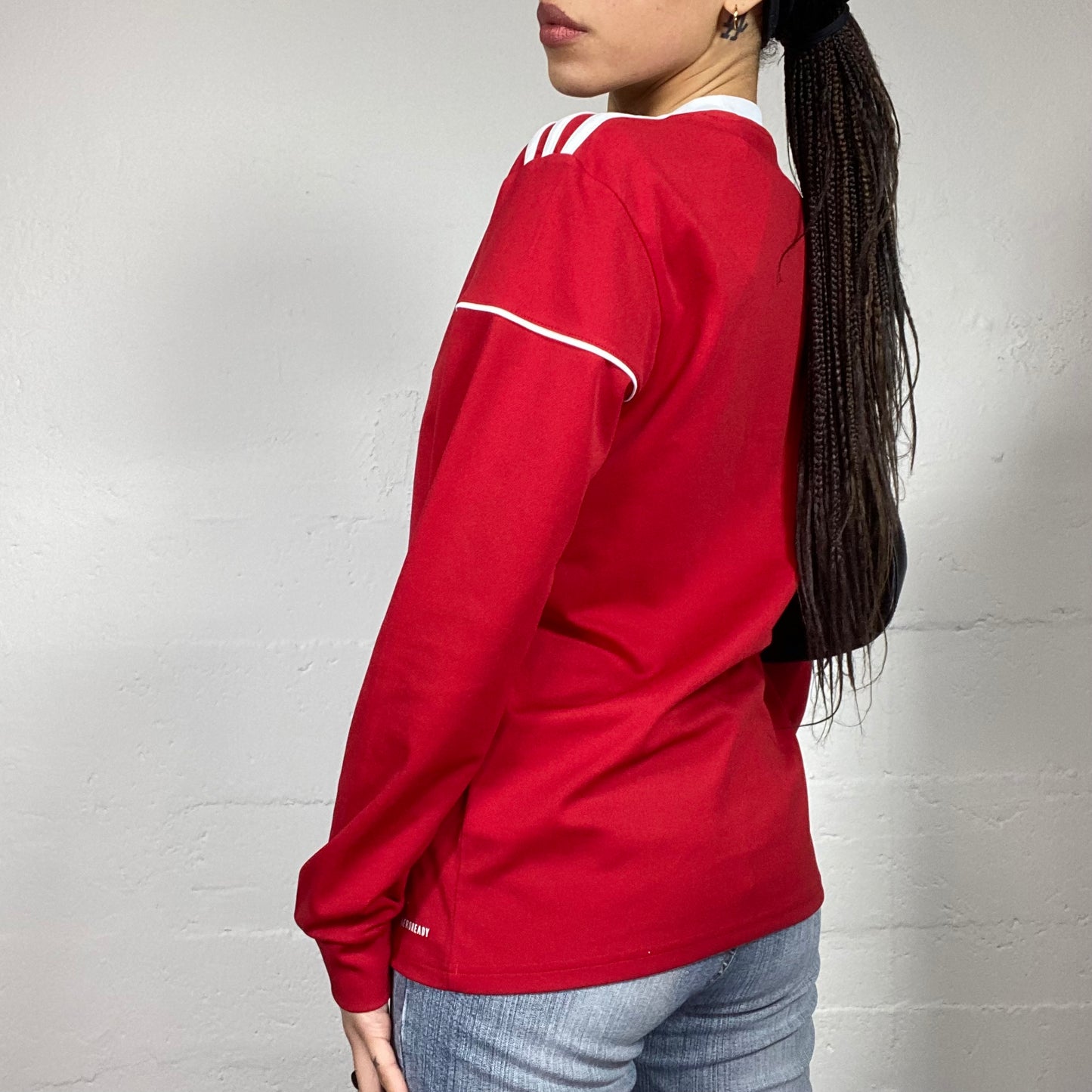 Vintage 2000's Adidas Sporty Red Sweater with White Brand Triple Trim Detail (S/M)