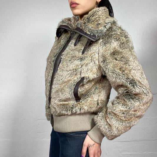 Vintage 2000's Downtown Girl Faux Fur Brown Bomber Jacket with Faux Leather Trims (M)