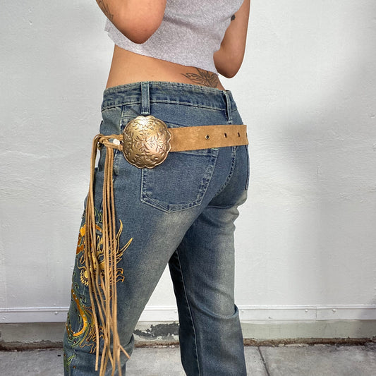 Vintage 2000's Cow-Girl Brown Leather Thick Belt with Gold Embossed Buckle and Tie Detail
