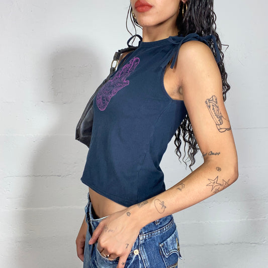 Vintage 2000's Boho Black Top with Floral Purple Decorative Fatima's Hand Print (S)