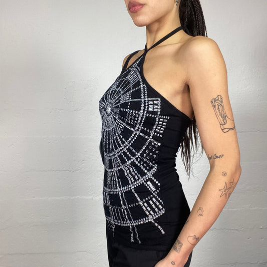 Vintage 2000's Morgan Clubwear Black Neckholder Top with Strass and Rhinestones Web Decorative Motives (S)