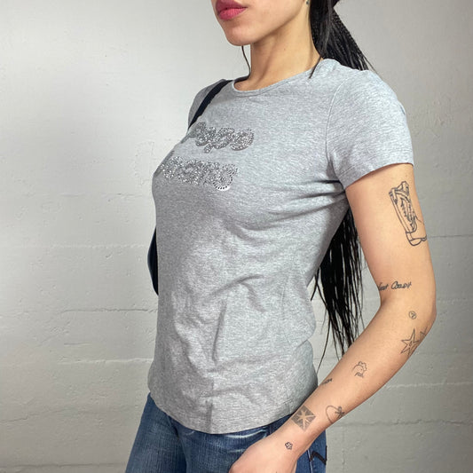 Vintage 2000's Pepe Jeans Downtown Girl Grey Top with Strass Brand Print Detail (S)