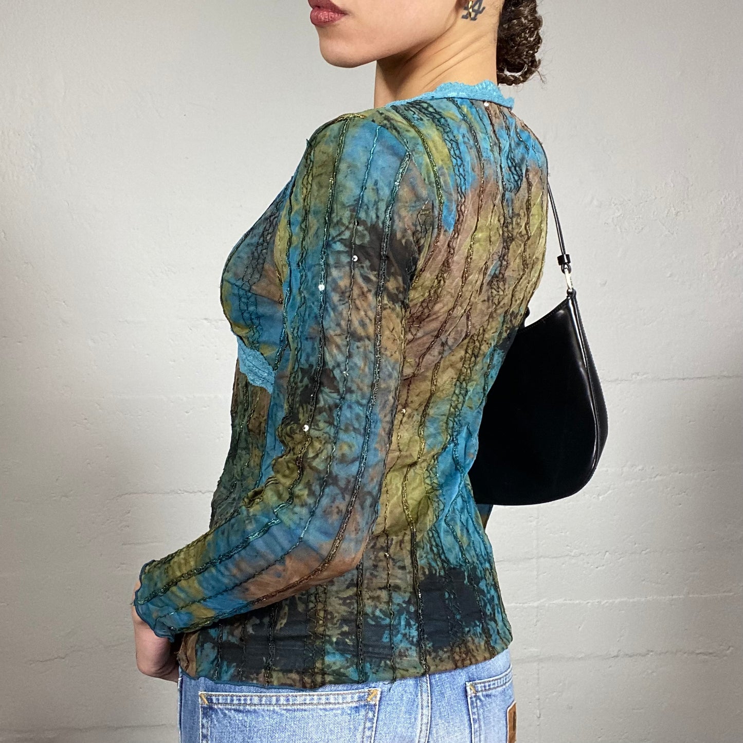 Vintage 2000's Batik Blue Longsleeve Tie Dye Top with Lace Trim Detail (S/M)