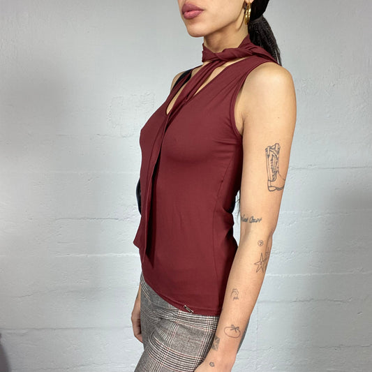 Vintage 2000's Model Off Duty Brown Top with Attached Scarf Detail (S/M)