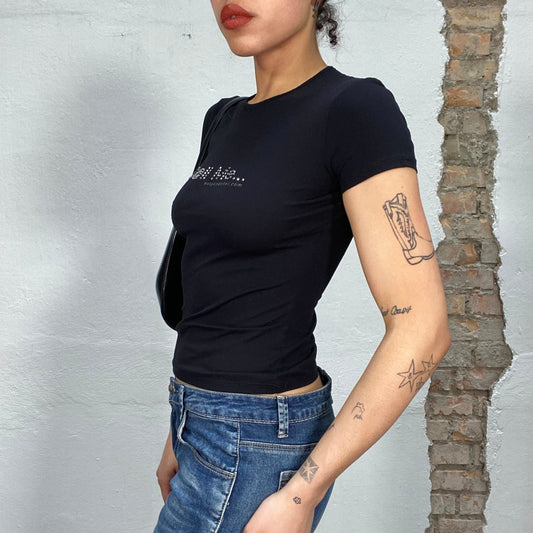 Vintage 2000's Morgan de Toi Black Baby Tee with 'Call me..' Print (S)