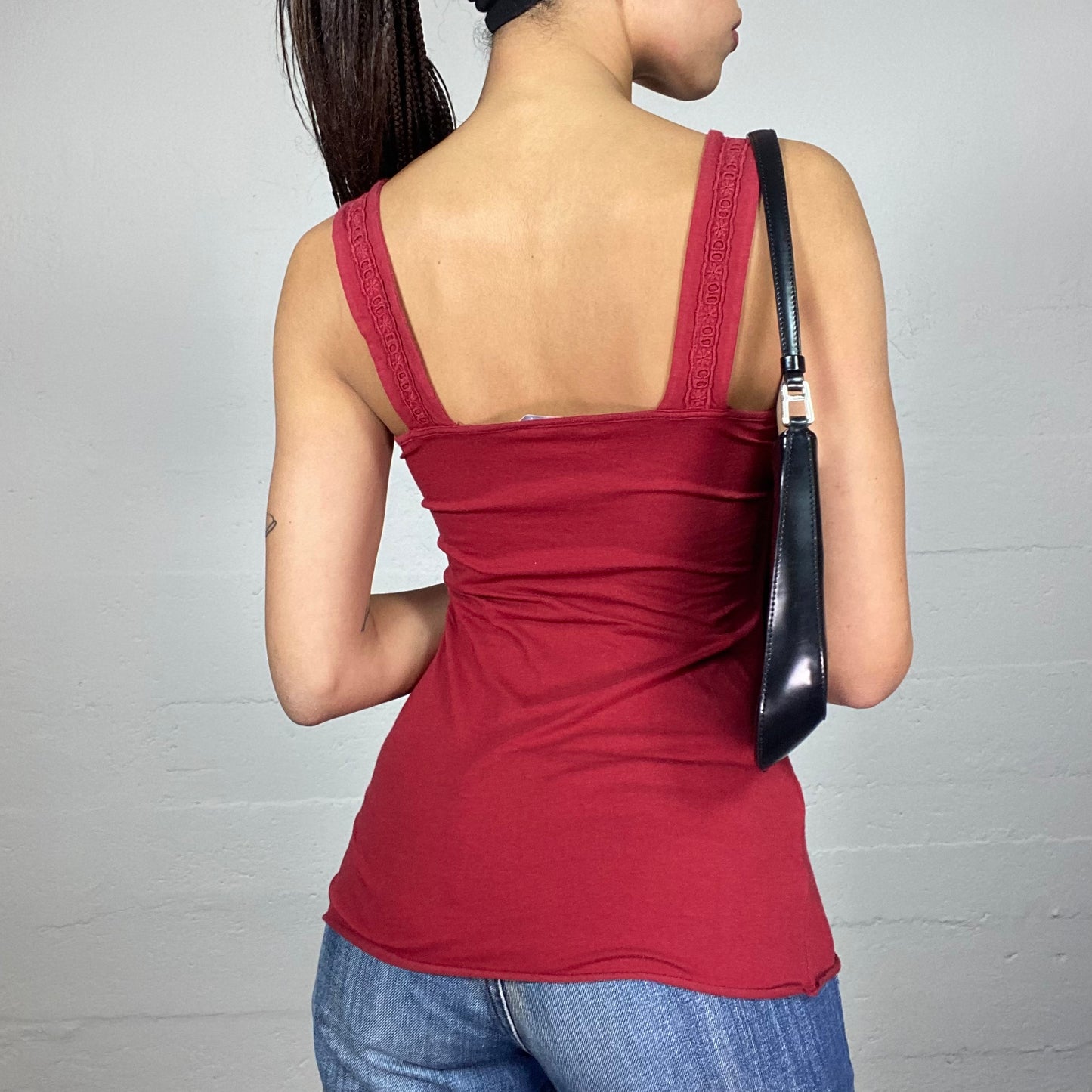 Vintage 2000's Romantic Red Top with Satin Ribbon Trim Detail (S)
