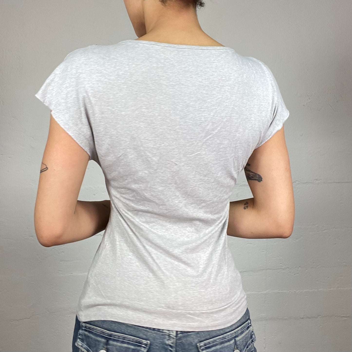 Vintage 2000's Morgan Downtown Girl Grey Top with Golden Glitter Brand Print (S)