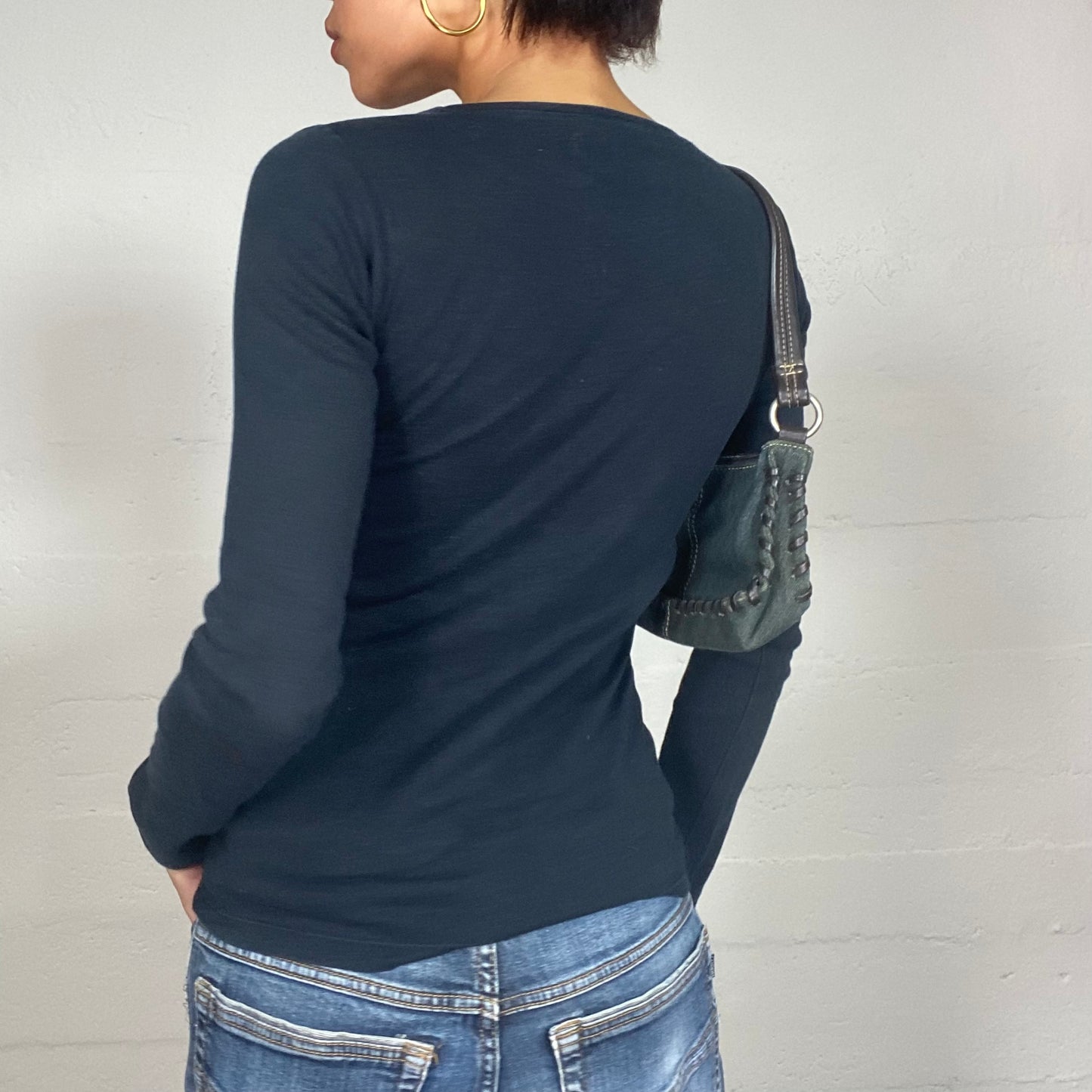 Vintage 90's Archive Black Longsleeve Top with Patched Rose Detail (S)