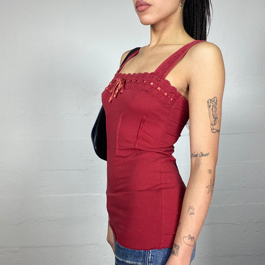 Vintage 2000's Romantic Red Top with Satin Ribbon Trim Detail (S)