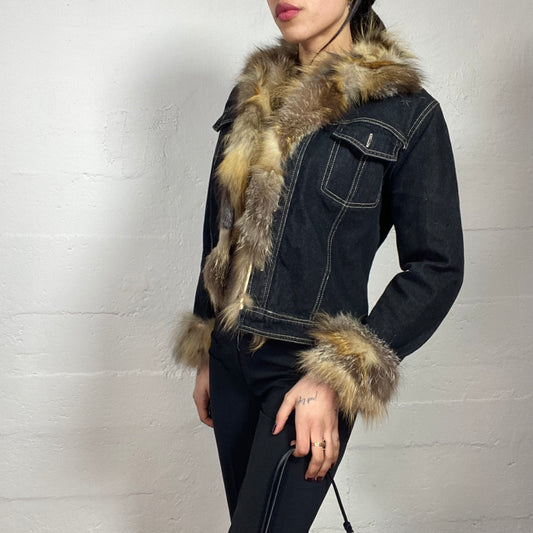Vintage 2000's Bratz Dark Denim Jacket with Brown Fur Necklne Detail (M)