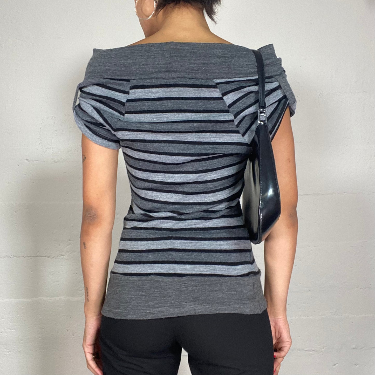 Vintage 2000's Ballet Grey Knitted Top with Stripped Print and Buttons Detail (S/M)