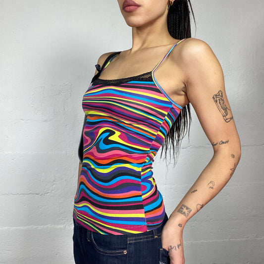 Vintage 2000's Funky Girl Multicoloured Top with Groovy Stripes Print with Ribbon (S)