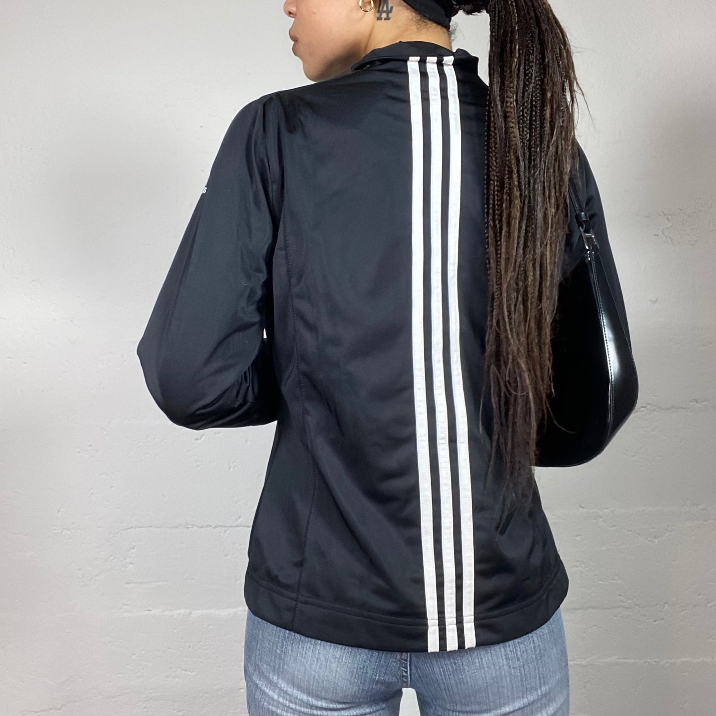 Vintage 90's Adidas Sporty Girl Black Zip Up Jacket with White Central Triple Brand Trim Detail (M)