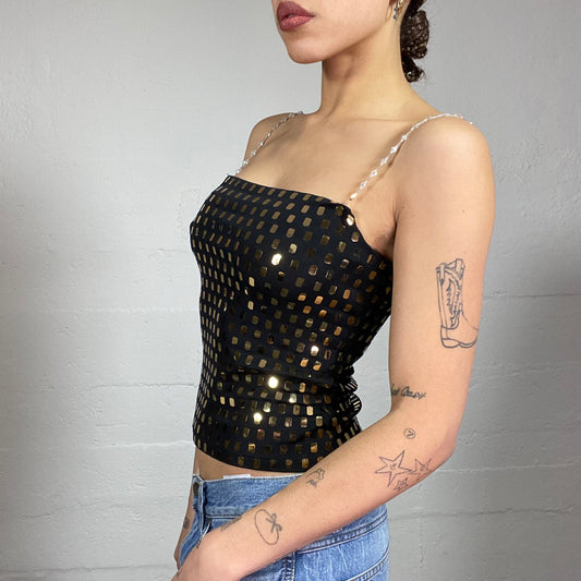 Vintage 2000's Clubwear Black Top with Golden Studs Covering Detail (S)