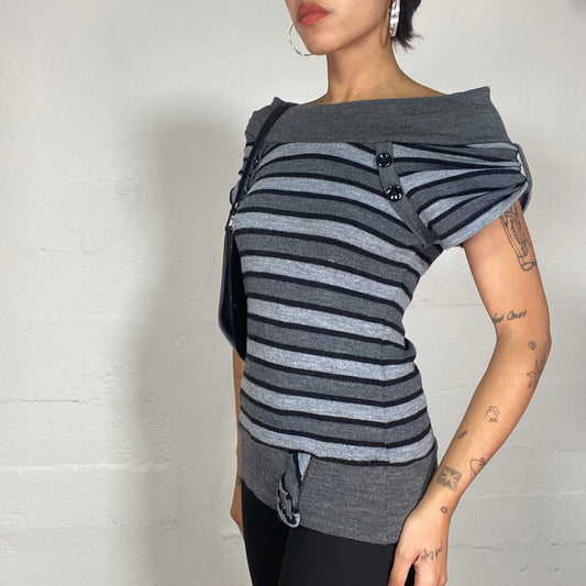 Vintage 2000's Ballet Grey Knitted Top with Stripped Print and Buttons Detail (S/M)