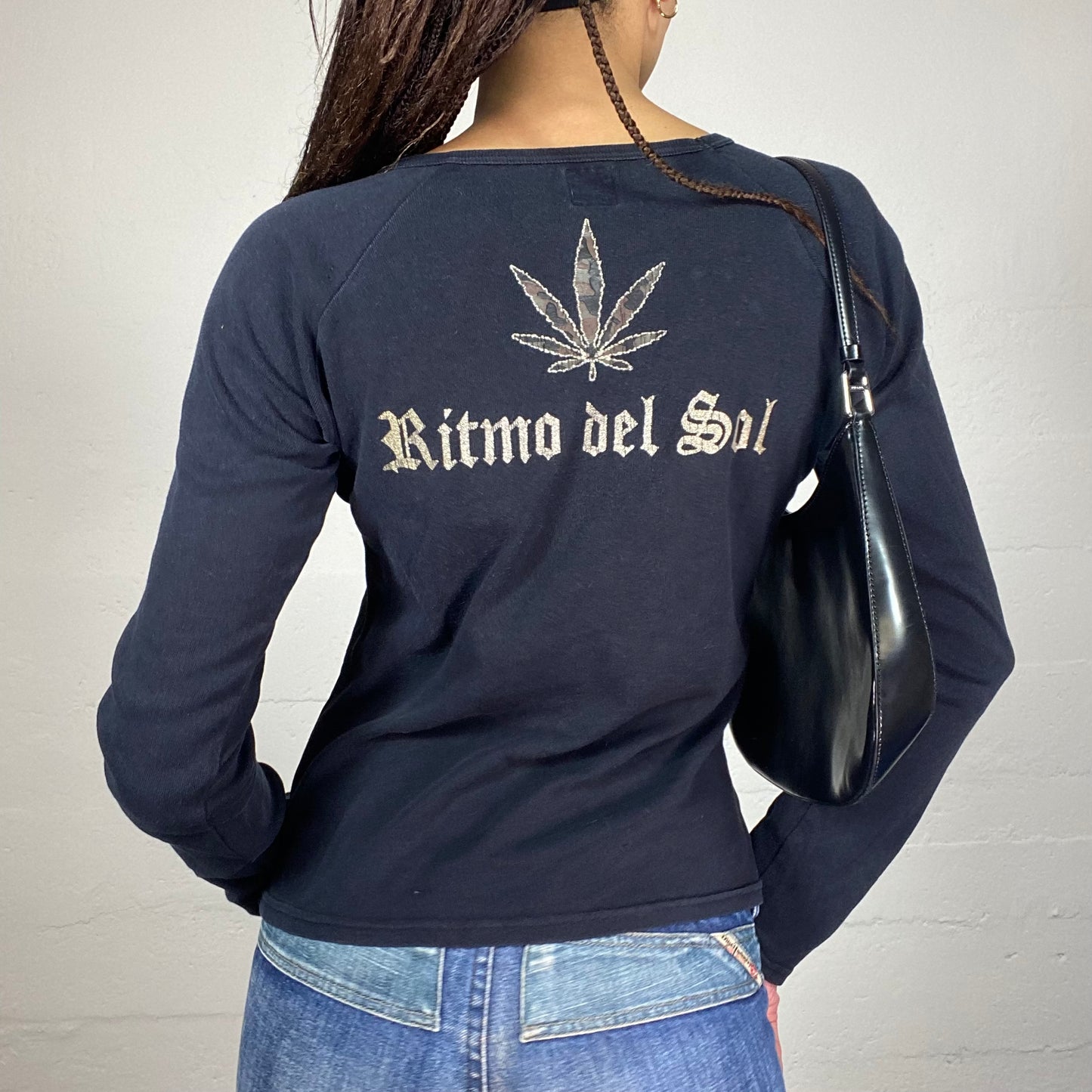 Vintage 2000's Downtown Girl Black Longsleeve Top with Camo Weed "Miami Ritmo del Sol" Print Detail (S/M)
