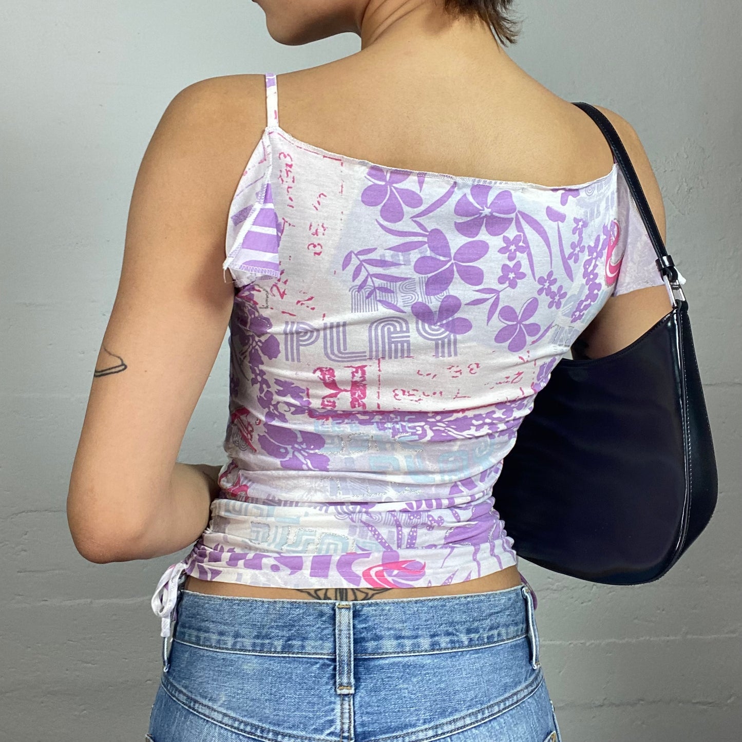 Vintage 90's Downtown Girl Pink and Lilac Top with Typography Print (S)