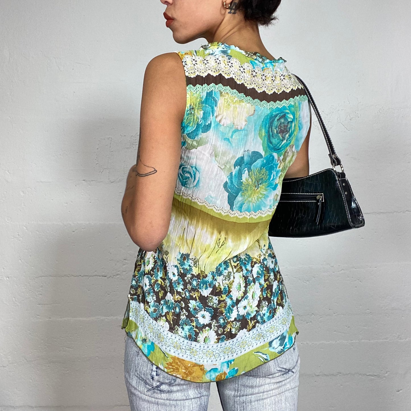 Vintage 2000's Babydoll Green and Blue Blouse with Floral Print (S)