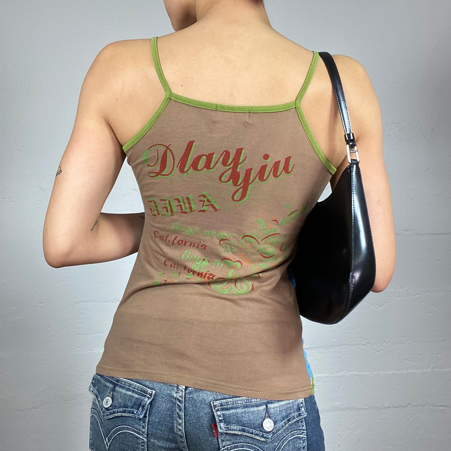 Vintage 2000's Downtown Girl Green Top with Girl Portrait Multi-Colour Print (S)