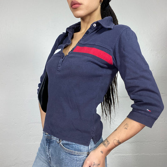 Vintage 2000's Tommy Hilfiger Sporty Navy Longsleeve Polo Top with Brand Logo Print (S)