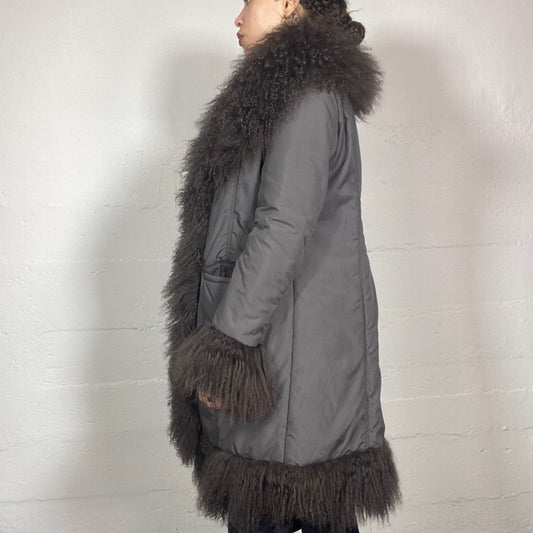 Vintage 90's Mob Wife Brown Long Jacket with Big Fluffy Sleeves and Neck Detail (M)