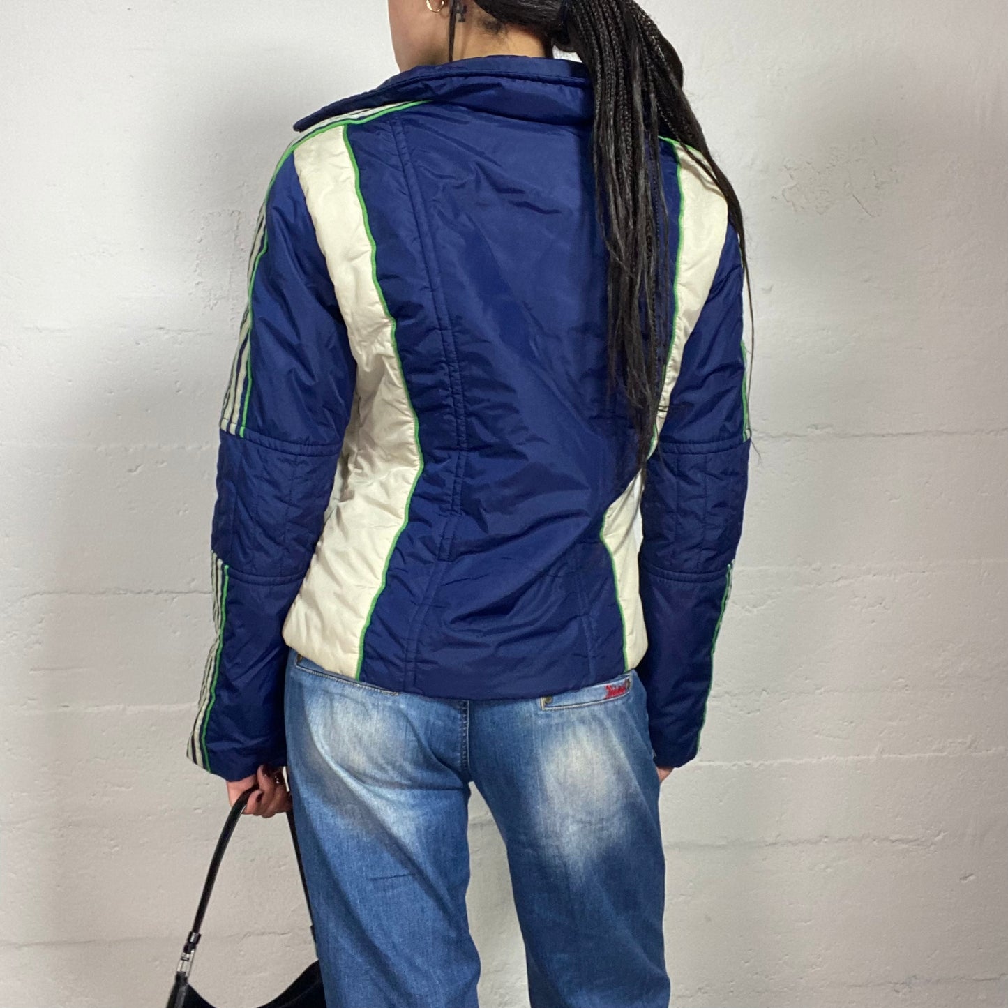 Vintage 2000's Sporty White and Blue Puffer Jacket with Band Trim Detail (M)